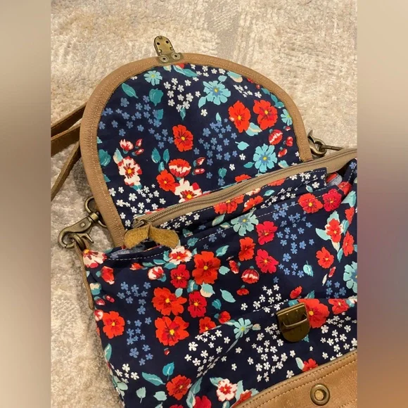 Myra Cowhide Floral Hair On Hide Leather Crossbody Messenger Bag Purse Canvas - Picture 5 of 11